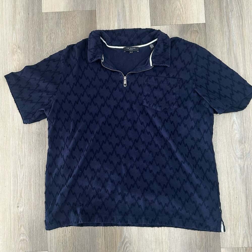 Ted Baker London Half-Zip Polo Size 5 Blue Jacquard Short Sleeve Shirt